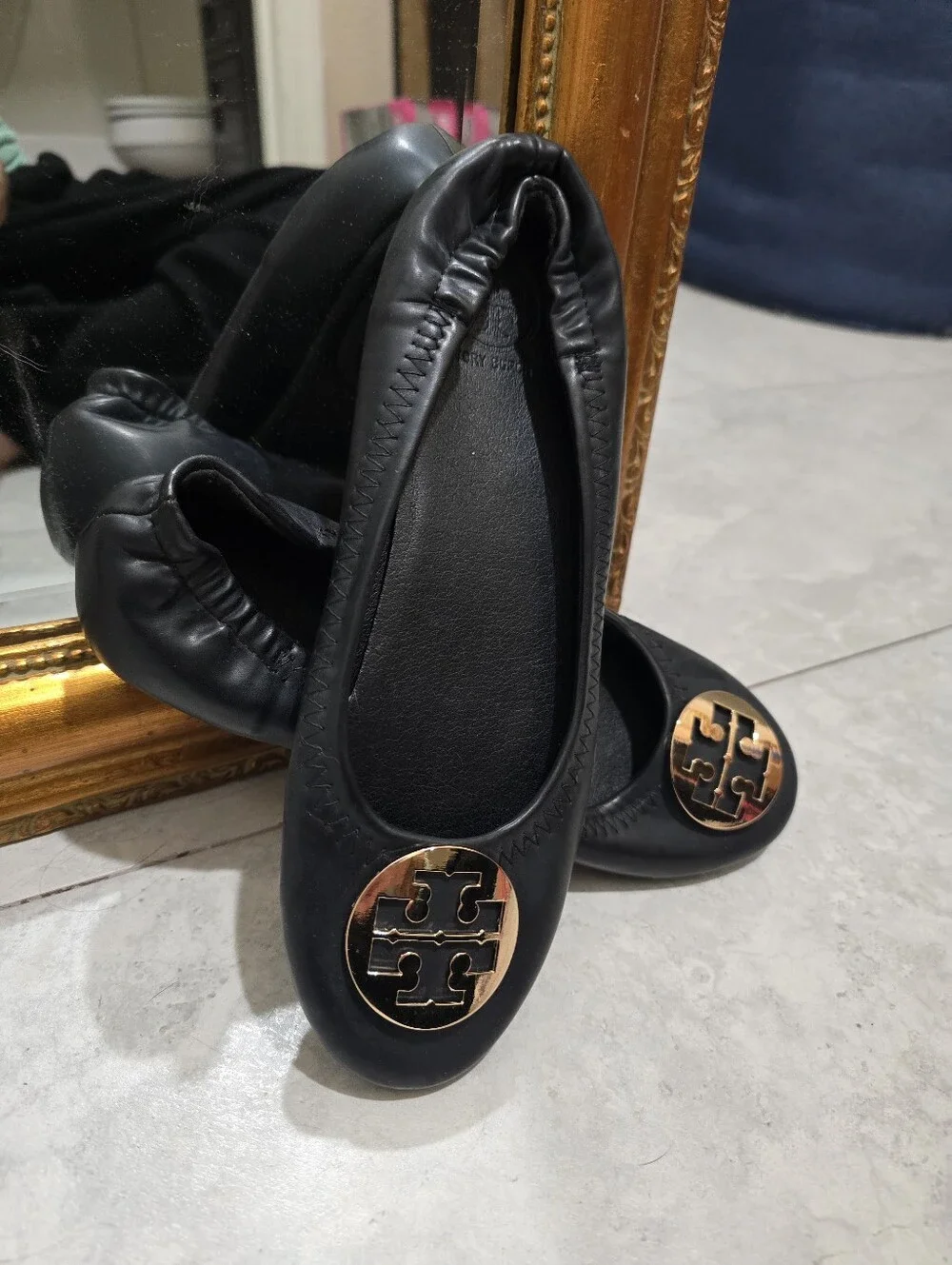 Tory Burch Black Reva Ballet Flats with Gold Logo